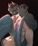  2boys abs angel_wings apostlxiii ass_grab bara beard biting brown_hair chest completely_nude demon_boy demon_horns facial_hair feathered_wings green_skin halloween hand_on_another&#039;s_head highres horns male_focus multiple_boys muscle navel nipples nude oni_horns original short_hair uncensored wings yaoi 