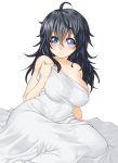  1girl ahoge arm_support bangs bare_shoulders black_hair blue_eyes blush breasts cleavage closed_mouth covered_navel covered_nipples covering covering_breasts crossed_bangs hair_between_eyes large_breasts long_hair looking_at_viewer messy_hair netoge_no_yome_wa_onna_no_ko_janai_to_omotta? nose_blush nude onsoku_inu simple_background sitting skin_tight solo tamaki_ako under_covers white_background yokozuwari 