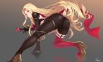  1girl absurdres ass back blush breasts cameltoe card commentary_request facial_mark high_heels highres jikeshi long_hair luis_cammy nijisanji red_eyes red_legwear single_thighhigh smile solo thighhighs very_long_hair virtual_youtuber 