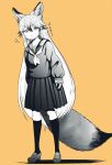  1girl absurdres akegata_tobari alternate_costume animal_ears collarbone commentary_request extra_ears eyebrows_visible_through_hair ezo_red_fox_(kemono_friends) fox_ears fox_girl fox_tail full_body greyscale highres kemono_friends loafers long_hair long_sleeves monochrome neckerchief pleated_skirt sailor_collar school_uniform serafuku shoes skirt socks solo sweater tail translation_request very_long_hair 