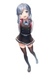  1girl asashio_(kantai_collection) asashio_(kantai_collection)_(cosplay) black_legwear blue_eyes blue_hair blush brown_footwear commentary_request cosplay dress eyebrows_visible_through_hair fading full_body gotland_(kantai_collection) hair_between_eyes hair_bun kantai_collection long_hair long_sleeves looking_at_viewer mole mole_under_eye neck_ribbon open_mouth pinafore_dress remodel_(kantai_collection) ribbon school_uniform shirt simple_background solo thighhighs unowen white_background white_shirt younger 