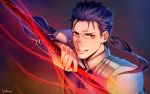  1boy angry armor artist_name beads blue_hair cang_fade cu_chulainn_(fate)_(all) earrings fate/stay_night fate_(series) gae_bolg hair_beads hair_ornament highres holding holding_weapon jewelry lancer long_hair male_focus pauldrons ponytail red_eyes shoulder_armor slit_pupils solo spiked_hair type-moon weapon 