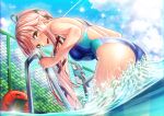  1girl abyssal_ship ass bangs black_ribbon blush bokukawauso breasts cloud commentary_request competition_swimsuit day enemy_lifebuoy_(kantai_collection) fence hair_flaps hair_ribbon kantai_collection long_hair looking_at_viewer one-piece_swimsuit open_mouth pink_hair ponytail pool pool_ladder ribbon sky swimsuit unowen very_long_hair water wet yellow_eyes yura_(kantai_collection) 