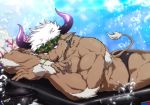  1boy animal_ears ass bara camouflage chest cow_boy cow_ears cow_horns crossed_arms furry head_on_arm headband horns lying male_focus male_swimwear muscle on_stomach purple_eyes purple_horns shennong_(tokyo_afterschool_summoners) short_hair sideburns solo swim_briefs swimwear thick_thighs thighs tokyo_houkago_summoners underwater underwear underwear_only white_hair yanai_inaya 