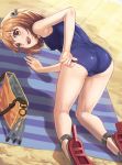  1girl :d armpits ass beach bob_cut breasts brown_eyes brown_hair competition_school_swimsuit crawling eyebrows_visible_through_hair hair_between_eyes highres kantai_collection legs medium_breasts name_tag one-piece_swimsuit open_mouth outdoors school_swimsuit shoes short_hair smile solo swimsuit swimsuit_pull thighs yukikaze_(kantai_collection) yuugao 