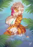  2020 amber_eyes anthro areola big_breasts bikini breasts buxbi buxbi_(character) clothing felid female hair hi_res looking_at_viewer mammal multicolored_hair nipples pantherine partially_submerged pink_hair pink_nose signature sling_bikini smile solo stripes swimwear tiger two_tone_hair water white_hair 