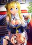  2girls bangs bare_shoulders blonde_hair blue_eyes blue_shirt blush bokukawauso breasts cleavage closed_mouth collarbone commentary_request double_bun drooling enemy_lifebuoy_(kantai_collection) eyebrows_visible_through_hair finger_to_mouth fletcher_(kantai_collection) gloves hair_between_eyes hair_ornament hairband indoors johnston_(kantai_collection) kantai_collection lap_pillow large_breasts light_brown_hair long_hair long_sleeves looking_at_viewer lying medium_breasts multiple_girls neckerchief off_shoulder on_back open_mouth pleated_skirt school_uniform shirt skirt sleep_mask sleeping smile star_(symbol) star_hair_ornament thighhighs two_side_up unowen white_gloves white_legwear white_skirt yellow_neckwear 