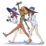  3girls bikini brown_hair character_request dark_skin hat jacket little_witch_academia long_hair microphone multiple_girls one-piece_swimsuit sandals satochi_(twitter) short_hair swimsuit witch witch_hat 