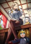  4girls :p aoba_(kantai_collection) bangs blonde_hair blue_eyes blush breasts brown_hair brown_legwear buttons ceiling ceiling_light closed_mouth collared_shirt commentary_request crossed_legs crying curtains desk double-breasted enemy_lifebuoy_(kantai_collection) epaulettes eyebrows_visible_through_hair folded_ponytail from_below gambier_bay_(kantai_collection) glasses gloves green_eyes hair_between_eyes hairband hat high_heels holding indoors jacket kantai_collection kashima_(kantai_collection) katori_(kantai_collection) legs light_brown_hair long_hair long_sleeves looking_at_another looking_at_viewer medium_breasts military military_uniform miniskirt multicolored multicolored_clothes multiple_girls open_mouth pantyhose parted_bangs peaked_cap pencil_skirt pointer purple_hair riding_crop rimless_eyewear shirt short_sleeves silver_hair sitting skirt sky smile t-head_admiral tearing_up tears tongue tongue_out tree twintails under_table uniform unowen white_gloves white_legwear window 