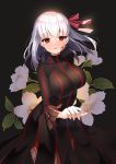  1girl black_background black_dress bow breasts cherry_blossoms cowboy_shot dark_sakura dress empty_eyes facial_mark fate/stay_night fate_(series) flower hair_bow heaven&#039;s_feel large_breasts looking_at_viewer matou_sakura moi_(latte_art) object_namesake open_mouth red_bow red_eyes short_hair simple_background solo standing tears white_hair 