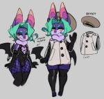  anthro beret chiropteran clothing coat facial_piercing fishnet fishnet_legwear fur gloves green_hair hair handwear hat headgear headwear legwear leotard male mammal nose_piercing nose_ring oliver_(stylusknight) piercing purple_body purple_fur solo stylusknight topwear 