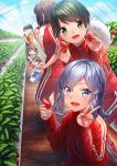  6+girls :d akagi_(kantai_collection) blue_eyes blue_hair blue_sky blush brown_eyes brown_hair child closed_mouth cloud commentary_request eating enemy_lifebuoy_(kantai_collection) eyebrows_visible_through_hair food fruit gotland_(kantai_collection) green_eyes green_hair greenhouse hair_between_eyes hair_bun hakama hakama_skirt high_ponytail houshou_(kantai_collection) ise_(kantai_collection) jacket japanese_clothes kaga_(kantai_collection) kantai_collection kimono long_hair long_sleeves looking_at_viewer mogami_(kantai_collection) mole mole_under_eye multiple_girls open_mouth pants pink_kimono ponytail red_jacket red_pants red_skirt short_hair side_ponytail skirt sky smile sportswear straight_hair strawberry unowen v younger 