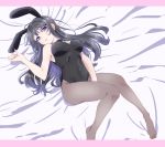  animal_ears black_leotard blue_eyes bunny_hair_ornament fake_animal_ears hair_ornament kaaaaaappe leotard long_hair lying on_back pantyhose sakurajima_mai seishun_buta_yarou strapless strapless_leotard tights_day 