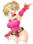  1girl :d armpits bare_shoulders breasts brown_hair cowboy_shot elbow_gloves fingerless_gloves gloves green_eyes gundam gundam_card_builder hair_ribbon hand_up highres large_breasts leotard looking_at_viewer medium_hair onsoku_inu open_mouth pink_leotard red_gloves reiko_holinger ribbon simple_background skindentation smile solo standing thighhighs twintails white_background white_legwear white_ribbon 