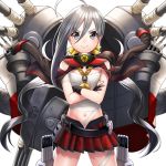  1girl ahoge bangs bare_shoulders black_gloves blush breasts budget_sarashi collar commentary_request cosplay crossed_arms gloves grey_eyes grey_hair gunbuster_pose hair_between_eyes hair_ribbon kantai_collection kiyoshimo_(kantai_collection) long_hair looking_at_viewer low_twintails machinery miniskirt musashi_(kantai_collection) musashi_(kantai_collection)_(cosplay) navel partially_fingerless_gloves pleated_skirt red_sailor_collar red_skirt ribbon rigging sailor_collar sakuramon sarashi skirt smile solo torpedo torpedo_tubes turret twintails unowen very_long_hair white_background 