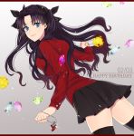  1girl black_bow black_hair black_legwear black_skirt blue_eyes border bow closed_mouth cowboy_shot dutch_angle fate/stay_night fate_(series) floating_hair from_side gem gradient gradient_background grey_background hair_bow happy_birthday heart_pendant highres jewelry letterboxed long_hair long_sleeves looking_at_viewer miniskirt pendant pleated_skirt red_border red_shirt shimatori_(sanyyyy) shiny shiny_hair shirt skirt smile solo thighhighs tohsaka_rin twintails very_long_hair 