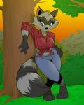  4:5 anthro clothing female leaning_on_object looking_at_viewer mammal midriff navel plant procyonid raccoon shrub smile solo tree zillabean 