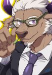 1boy adjusting_eyewear alternate_costume animal_ears bara black_suit camouflage close-up cow_boy cow_ears cow_horns face formal furry glasses highres horns male_focus muscle necktie purple_eyes purple_horns shennong_(tokyo_afterschool_summoners) short_hair sideburns solo tokyo_houkago_summoners upper_body white_hair yanai_inaya 