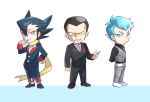  3boys archer_(pokemon) arms_behind_back bangs belt black_pants buttons chibi commentary_request elite_four giovanni_(pokemon) grey_pants grey_vest grimsley_(pokemon) hair_between_eyes hand_on_hip hand_up jacket lobolobo2010 long_sleeves male_focus multiple_boys pants parted_lips pokemon pokemon_(game) pokemon_bw pokemon_frlg pokemon_lgpe scarf shoes short_hair smile standing team_rocket vest white_footwear yellow_scarf 