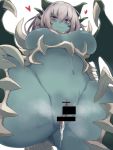  1girl bar_censor blush breasts breasts_apart censored closed_mouth commentary crotch dragon_girl dragon_wings dragon_zombie_(monster_girl_encyclopedia) green_skin hair_between_eyes heart highres large_breasts looking_at_viewer looking_down monster_girl monster_girl_encyclopedia navel no_nipples nude purple_eyes pussy pussy_juice silver_hair smile solo steaming_body symbol_commentary wavy_mouth wings yonaga zombie 