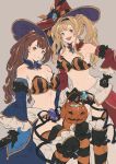  2girls asymmetrical_hair bangs bare_shoulders beatrix_(granblue_fantasy) bikini black_gloves blonde_hair blue_eyes braid breasts brown_hair candy collar detached_sleeves feet_out_of_frame food gloves granblue_fantasy green_eyes grey_background hair_intakes hairband halloween halloween_basket hand_on_hip hat highres long_hair looking_at_viewer medium_breasts multiple_girls navel open_mouth ponytail shimatani_azu sitting smile standing striped striped_bikini striped_legwear swimsuit twintails wide_sleeves witch_hat zeta_(granblue_fantasy) 