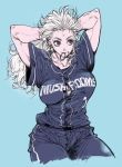  1girl aqua_background arms_up baseball_uniform blue_pants blue_shirt bra breasts brown_eyes button_gap cowboy_shot cropped_legs dahlio dorohedoro large_breasts long_hair noi_(dorohedoro) pants shirt shirt_tucked_in short_sleeves simple_background solo sportswear underwear white_bra white_hair 