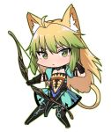  1girl ahoge animal_ear_fluff animal_ears atalanta_(fate) black_legwear blonde_hair blue_skirt bow_(weapon) breasts cat_ears cat_tail chibi cleavage closed_mouth fate/apocrypha fate_(series) flat_chest full_body gauntlets gradient_hair green_eyes green_hair hand_up holding holding_bow_(weapon) holding_weapon ibuki_notsu looking_at_viewer multicolored_hair puffy_short_sleeves puffy_sleeves short_sleeves simple_background skirt solo tail thighhighs weapon white_background wide_face 