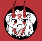  1girl :d beads chibi facial_mark fate/grand_order fate_(series) hands_up horns ibaraki_douji_(fate/grand_order) ibuki_notsu long_hair looking_at_viewer monochrome open_mouth prayer_beads red_background red_eyes red_theme simple_background slit_pupils smile solo 