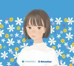  1girl bangs blue_background blunt_bangs blunt_ends bob_cut brown_eyes brown_hair floral_background flower highres looking_at_viewer matayoshi original patterned_background shirt short_hair solo upper_body white_flower white_shirt yellow_flower 