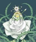  1boy bell bug butterfly closed_mouth covered_eyes dark_souls dark_sun_gwyndolin emlan flower green_background green_capelet green_theme headpiece holding insect pale_skin plant plant_boy rose sash simple_background smile solo souls_(from_software) tentacles thorns vines white_flower white_rose white_skin 