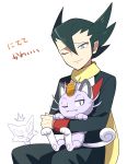  /\/\/\ 1boy alolan_form alolan_meowth bangs black_jacket black_pants closed_mouth commentary_request gen_5_pokemon gen_7_pokemon green_hair grimsley_(pokemon) hair_between_eyes highres jacket lobolobo2010 long_sleeves male_focus on_lap one_eye_closed pants partially_colored pokemon pokemon_(creature) pokemon_(game) pokemon_bw pokemon_on_lap purrloin scarf smile white_background yellow_scarf 