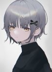  1girl bangs black_sweater blunt_bangs closed_mouth expressionless from_side grey_background grey_hair hair_ornament highres looking_at_viewer looking_to_the_side migihidari_(puwako) orange_eyes original simple_background solo sweater upper_body x_hair_ornament 