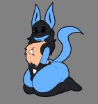  ambiguous_gender anthro bedroom_eyes big_butt butt chest_tuft fluffy hair hi_res humanoid kneeling looking_at_viewer lucario narrowed_eyes nintendo on_ground pok&eacute;mon pok&eacute;mon_(species) seductive simple_background simple_coloring solo spikes spikes_(anatomy) thick_thighs traashmann tuft video_games 