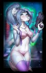  anthro areola blue_areola blue_eyes blue_hair blue_markings blurred_background bracelet breasts chest_tuft city cityscape clothed clothing f-r95 female fur gun hair holding_gun holding_object holding_weapon hyaenid inner_ear_fluff jewelry legwear looking_aside mammal markings medium_breasts navel necklace night outside panties partially_clothed pink_bra pink_clothing pink_panties pink_underwear portrait purple_clothing purple_thigh_highs purple_topwear ranged_weapon solo standing teeth thigh_highs three-quarter_portrait tied_hair topwear translucent translucent_clothing translucent_topwear tuft underwear weapon white_body white_fur white_nose 