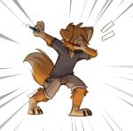  anthro barefoot black_clothing black_shirt black_topwear bottomwear brown_body brown_fur canid canine canis cargo_shorts clothing domestic_dog fidget_spinner fur hi_res khaki_pants male mammal matt_riskely meme shirt shorts simple_background solo t-shirt tinydeerguy topwear white_background 