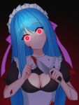  1girl alternate_costume black_background blood blood_on_face blood_splatter bloody_clothes bloody_knife blue_hair breasts cleavage_cutout clothing_cutout commentary cryingrobot english_commentary enmaided eyebrows_visible_through_hair frills glowing glowing_eyes gradient gradient_background hair_ribbon head_tilt highres holding knife long_hair looking_at_viewer maid maid_headdress me!me!me! medium_breasts meme_(me!me!me!) pink_ribbon puffy_short_sleeves puffy_sleeves red_background red_eyes ribbon short_sleeves simple_background smile solo upper_body yandere 