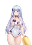  1girl absurdres blush breasts choker cleavage cleavage_cutout clothing_cutout facial_mark girls_frontline green_eyes hair_ornament highres hk416_(girls_frontline) large_breasts long_hair looking_at_viewer nail_polish navel nianbingzi one-piece_swimsuit silver_hair solo swimsuit teardrop 