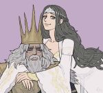  beard black_hair braid brown_eyes closed_mouth commentary crown dark_souls dress emlan english_commentary facial_hair father_and_daughter french_braid grey_hair gwyn_lord_of_cinder long_sleeves looking_at_viewer old_man pink_background queen_of_sunlight_gwynevere shaded_face simple_background smile souls_(from_software) white_dress wide_sleeves 