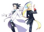  2boys absurdres black_hair black_jacket black_pants blonde_hair blue_hair coin colress_(pokemon) commentary_request cosplay costume_switch flowing_scarf glasses gloves grimsley_(pokemon) hand_up highres holding holding_coin jacket labcoat lobolobo2010 long_sleeves male_focus multicolored_hair multiple_boys pants parted_lips pokemon pokemon_(game) pokemon_bw scarf smile two-tone_hair white_gloves yellow_scarf 