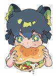  +_+ 1boy animal_ears black_hair cat_ears cheese dripping eating eyebrows_visible_through_hair food green_eyes hamburger holding holding_food lettuce luoxiaohei maruco short_hair short_sleeves simple_background solo the_legend_of_luo_xiaohei tomato white_background 