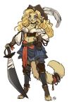  2019 anthro belt belt_pouch blonde_hair blue_eyes bottomwear breasts cheese_quesadilla choker clothing digitigrade domestic_cat ear_piercing ear_ring feardakez felid feline felis female fur gloves hair hand_on_hip handwear hat headgear headwear hi_res holding_object holding_sword holding_weapon jewelry loose_feather mammal melee_weapon midriff navel necklace piercing pirate simple_background skirt smile solo standing sword tan_body tan_fur weapon white_background 