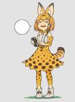  1girl animal_ears bare_shoulders blonde_hair blush boots bow bowtie center_frills closed_eyes earbuds earphones elbow_gloves extra_ears frills full_body gloves high-waist_skirt kemono_friends open_mouth print_gloves print_legwear print_neckwear print_skirt serval_(kemono_friends) serval_ears serval_girl serval_print serval_tail shima_(landsuzume) shirt short_hair skirt sleeveless smile solo tail thighhighs white_footwear white_shirt 