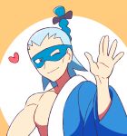  1boy black_eyes blue_hair brycen_(pokemon) closed_mouth commentary_request eye_mask gym_leader hand_up heart lobolobo2010 male_focus one_eye_closed pokemon pokemon_(game) pokemon_bw smile solo two-tone_background upper_body waving 