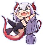  bikini black_legwear chibi criss-cross_halter crying crying_with_eyes_open d: halterneck horns ibuki_notsu lizard_tail melusine_(ibuki_notsu) open_mouth original outstretched_arms pointy_ears purple_outline simple_background spread_arms stirrup_legwear swimsuit symbol_commentary tail tears thighhighs toeless_legwear white_background 