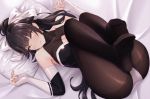  1girl azur_lane bed_sheet black_hair black_legwear bodystocking bow breasts brown_eyes cleavage commentary elbow_gloves fingerless_gloves gloves large_breasts leotard long_hair looking_at_viewer lying no_shoes pillow ponytail race_queen sogdin solo takao_(azur_lane) takao_(full_throttle_charmer)_(azur_lane) white_bow 