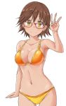  1girl aimobake ass_visible_through_thighs bangs bespectacled bikini breasts brown_hair cleavage closed_mouth commentary cowboy_shot eyebrows_visible_through_hair glasses highres honda_mio idolmaster idolmaster_cinderella_girls looking_at_viewer medium_breasts navel orange_bikini red-framed_eyewear short_hair simple_background smile solo standing swimsuit symbol_commentary tan w white_background yellow_eyes 