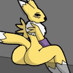  1:1 ambiguous_gender anthro big_butt butt digimon digimon_(species) fur hi_res humanoid looking_at_viewer looking_back renamon shaded simple_background simple_eyes simple_shading sitting solo thick_thighs traashmann wide_hips yellow_body yellow_fur 