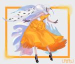  1girl bangs black_footwear black_gloves cape dress full_body fur_cape gloves grey_background highres insect_girl long_hair moth_ears moth_girl orange_dress orange_eyeshadow original profile shoes solo standing uaaaou white_hair 