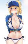 1girl ahoge arms_behind_back artoria_pendragon_(all) ass_visible_through_thighs baseball_cap bikini blonde_hair blue_eyes blue_headwear blush breasts cleavage closed_mouth collarbone cropped_jacket cum cum_on_body cum_on_breasts eyebrows_visible_through_hair facing_viewer fate/grand_order fate_(series) hair_between_eyes hair_through_headwear hat heavy_breathing highres large_breasts mysterious_heroine_xx_(foreigner) navel ponytail poshi_(ginmokusei) shrug_(clothing) side-tie_bikini simple_background smile solo sweat swimsuit white_background white_bikini zipper 