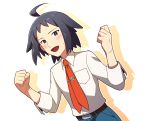  1boy ahoge bangs belt belt_buckle black_eyes black_hair blue_pants blush buckle cheren_(pokemon) clenched_hands collared_shirt commentary_request gym_leader hands_up lobolobo2010 looking_at_viewer male_focus necktie open_mouth pants pokemon pokemon_(game) pokemon_bw2 red_neckwear shirt sleeves_rolled_up solo tongue white_shirt 